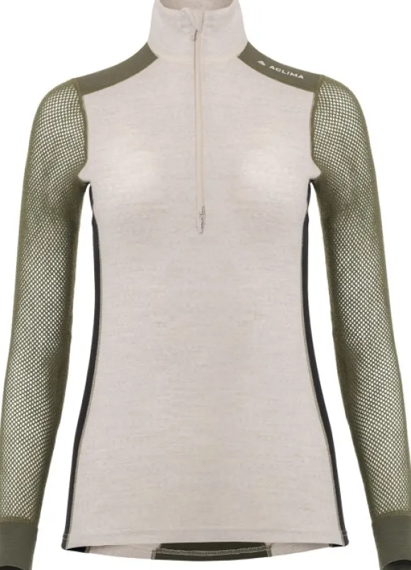 Aclima WoolNet Hybrid Mockneck naisten hybridikerrastopaita, Olive Night/Beige Melange/Jet Black